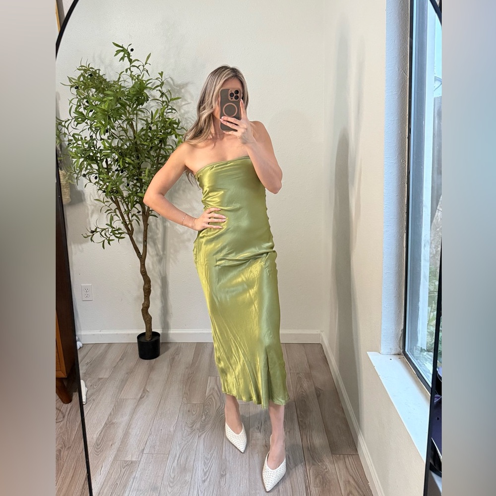 Strapless Satin Midi Dress in Chartreuse Green